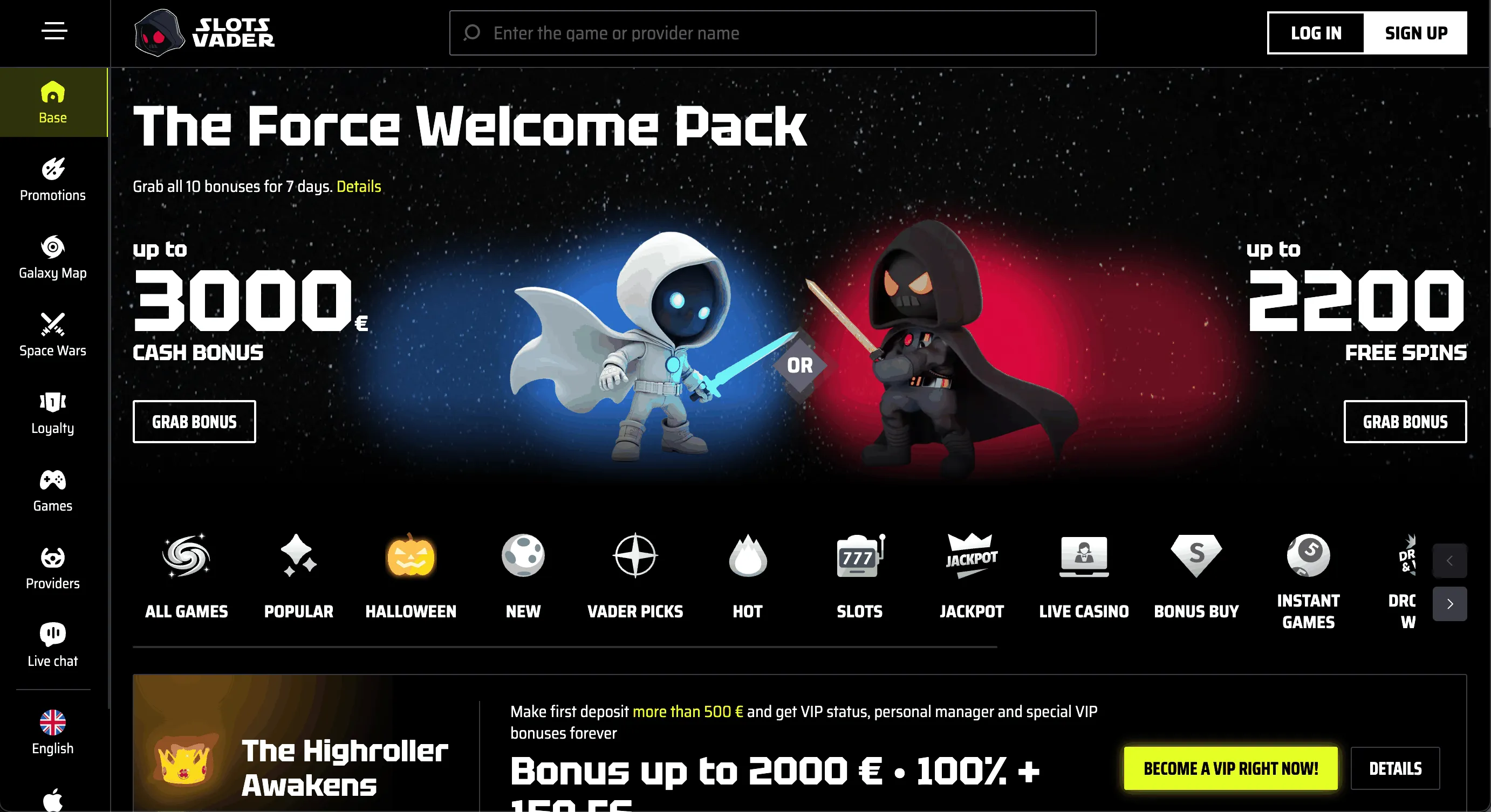 SlotsVader Casino Homepage